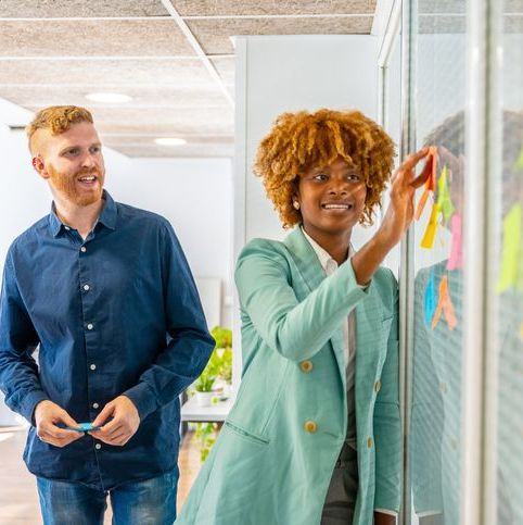 Two people posting sticky note on a whiteboard